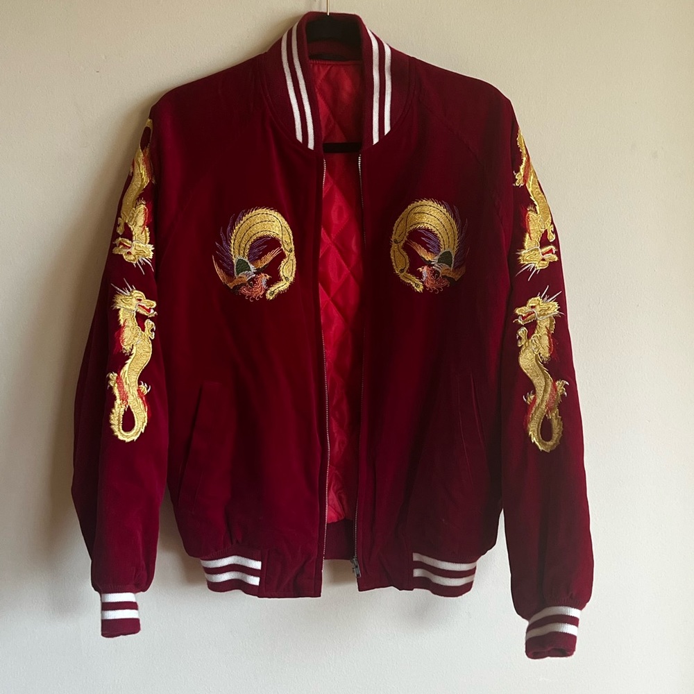 Red Velvet Bomber Jacket w Gold Dragon Details